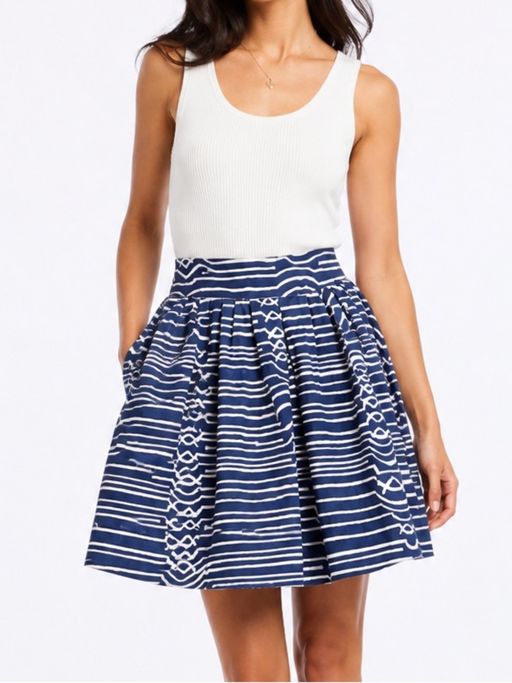 Maeve Anthropologie Blue White Geometric Pleated Cotton Skirt Size 0